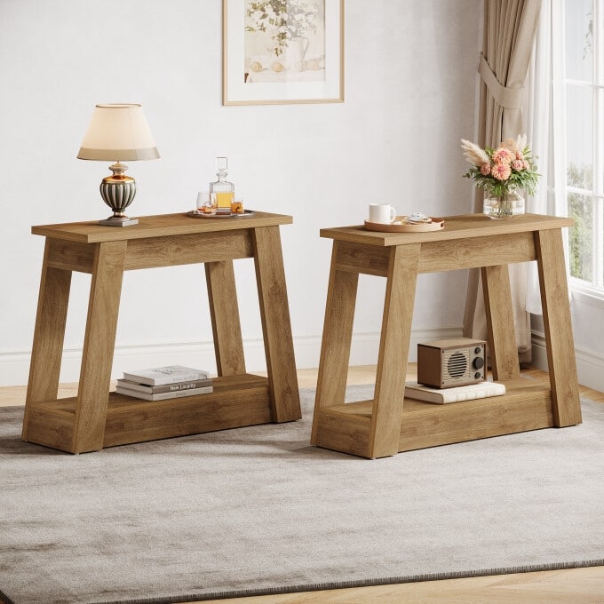 Rustic Wood End Table, Small Side Table With 2-Tier Storage Shelves - 2 pieces - Light Brown