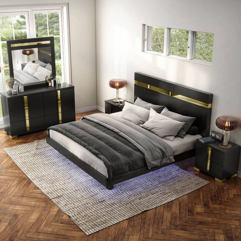Furniture of America Halifax Modern 5-Piece Wood Platform Bedroom Set with Underbed LED