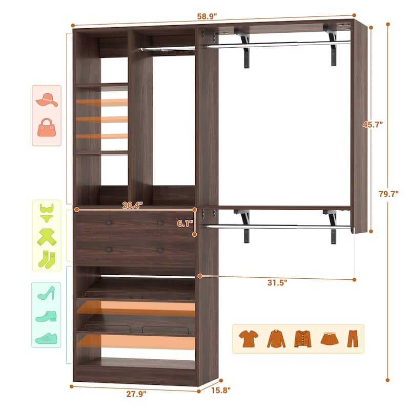 Grimm 5FT Small Closet System with Drawers, 60" Closet Organizer System with Reversible Hanging Shelving
