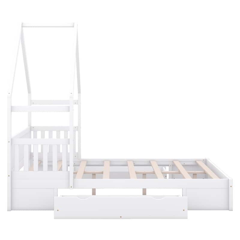 Queen House Bed with Guardrails, 2 Storage Drawers, and Pine Wood Construction, Perfect for Kids and Adults, Easy Assembly