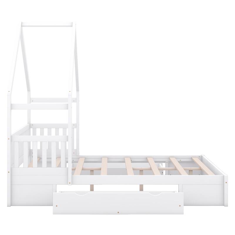 Queen Size House Platform Bed with Guardrail and Storage Drawers, White