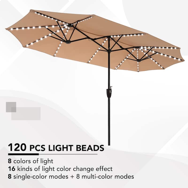 MAISON ARTS Double-Sided 13-foot Twin Outdoor Market Crank Umbrella with Colored LED Lights