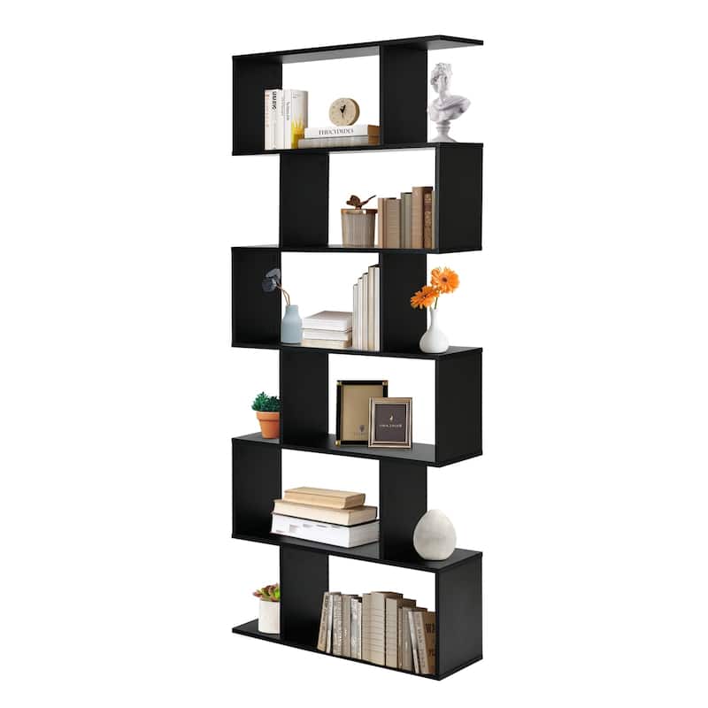 S-Shaped 6-Tier Freestanding Bookshelf with Open Storage Shelves for Living Room or Bedroom - Black