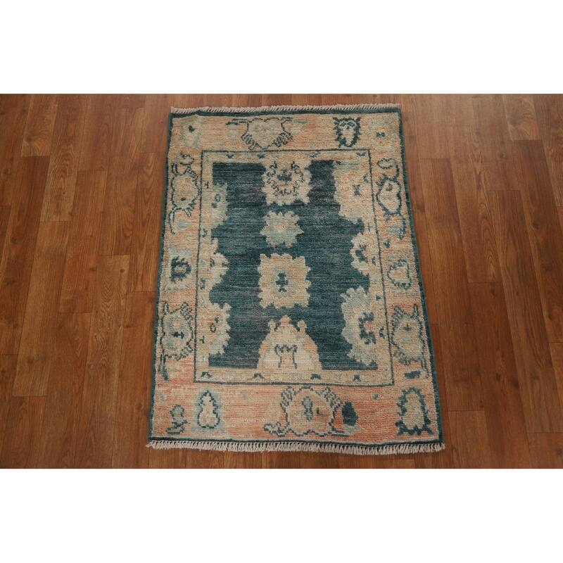 Hand Knotted Oriental 100% Wool Carpet Transitional Geometric Green Oushak Area Rug - 2' 10'' X 2' 1''