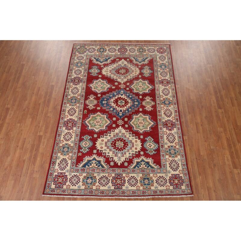 Hand Knotted Oriental 100% Wool Carpet Traditional Geometric Red Kazak Area Rug - 9' 9'' X 6' 7''