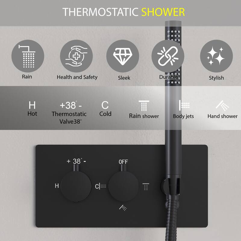 Thermostatic Shower System with 10" Ultra-Thin Round Shower Head,Body Jets And Hand Shower