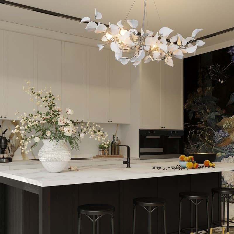 KAYLA 31.5" 6-Light Luxury Gold Round Chandelier, Modern Ceramic Leaf Branch