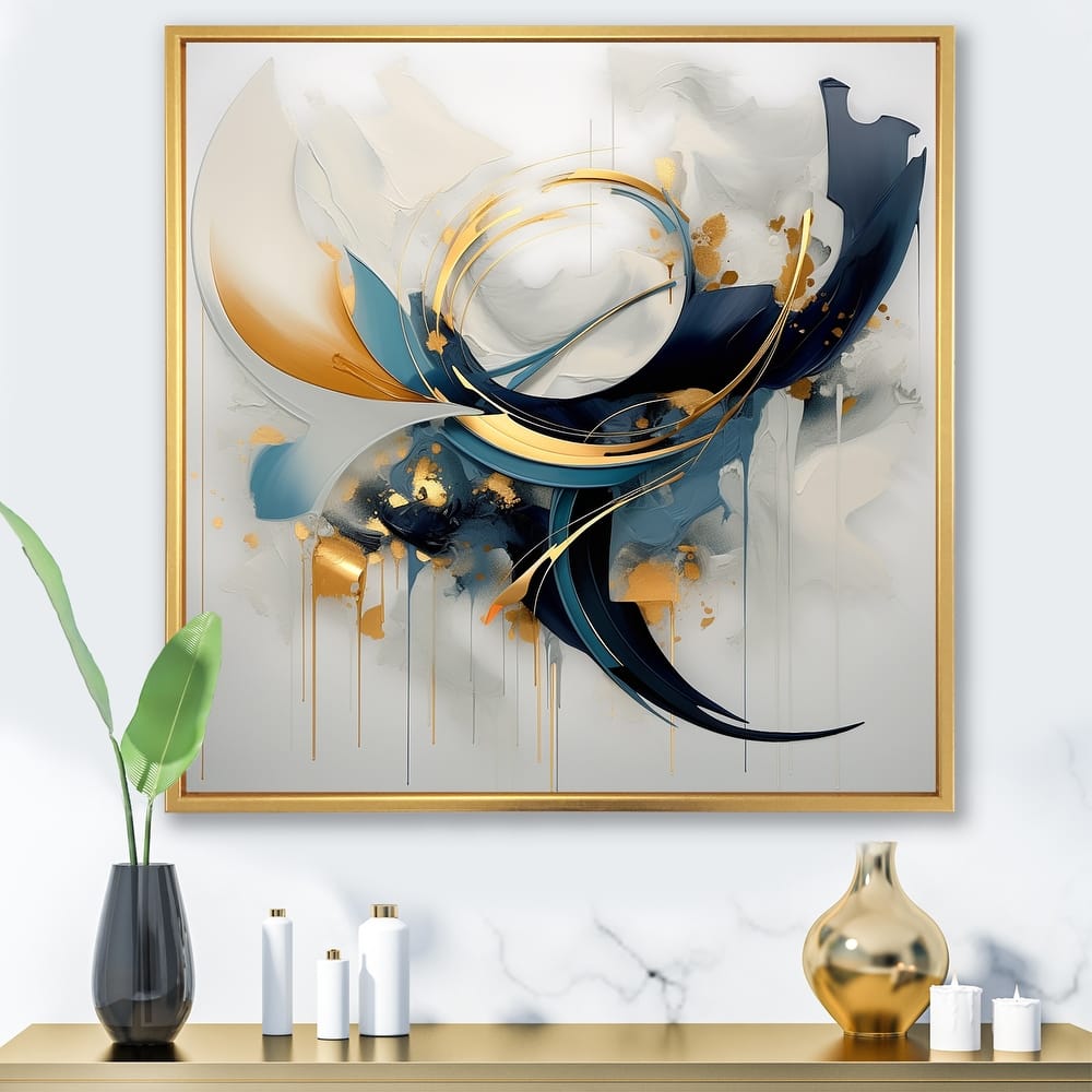 Designart "Abstract Golden Blue Whirls Of Serenity I" Abstract Fractal Gold - Modern Bedroom Framed Canvas Wall Art