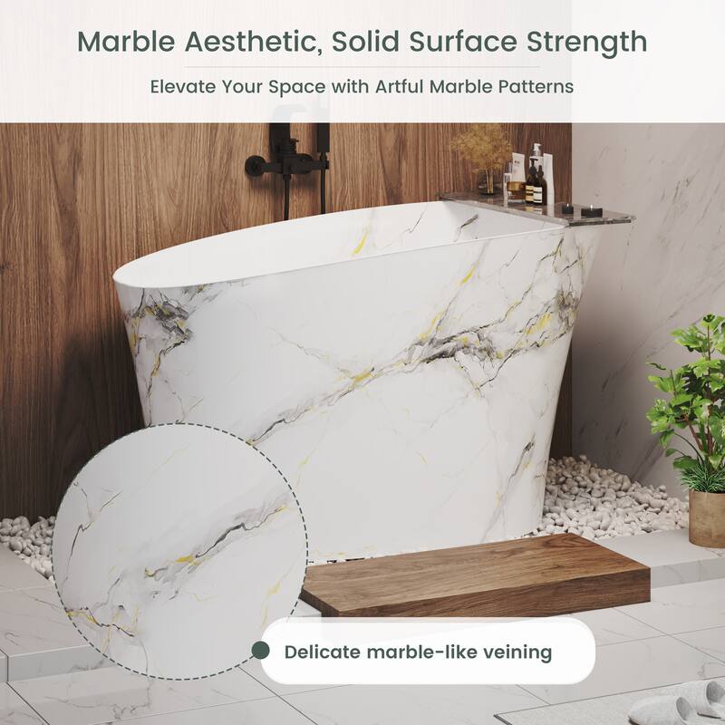 51 in. x 28 in. Solid Surface Freestanding Deep Soaking Bathtub with Built-In Seat, Right Drain, Matte White with Marble Pattern