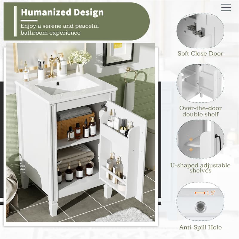 20" Bathroom Vanity with Ceramic Sink, Soft-Close Door, Adjustable U-Shaped Shelf, and Door-Mounted Storage Rack