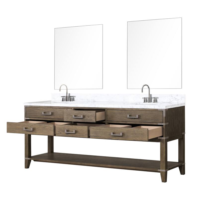 Lexora Norwalk Bath Vanity, Carrara Marble Top, Faucet Set, and Mirror