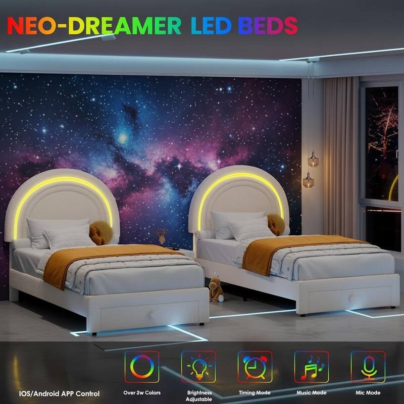 Upholstered LED Bed Frame, with Storage Drawer