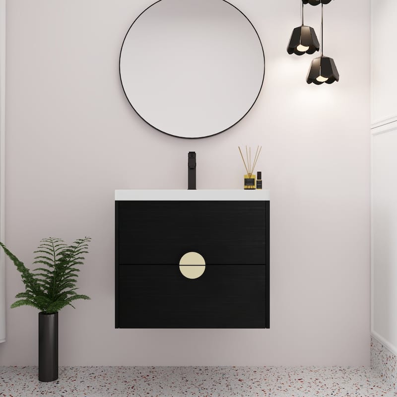 24 inch Wall-Mounted Bathroom Vanity Set in Black with Integrated Ceramic Sink - Textured - Single Vanities - Black
