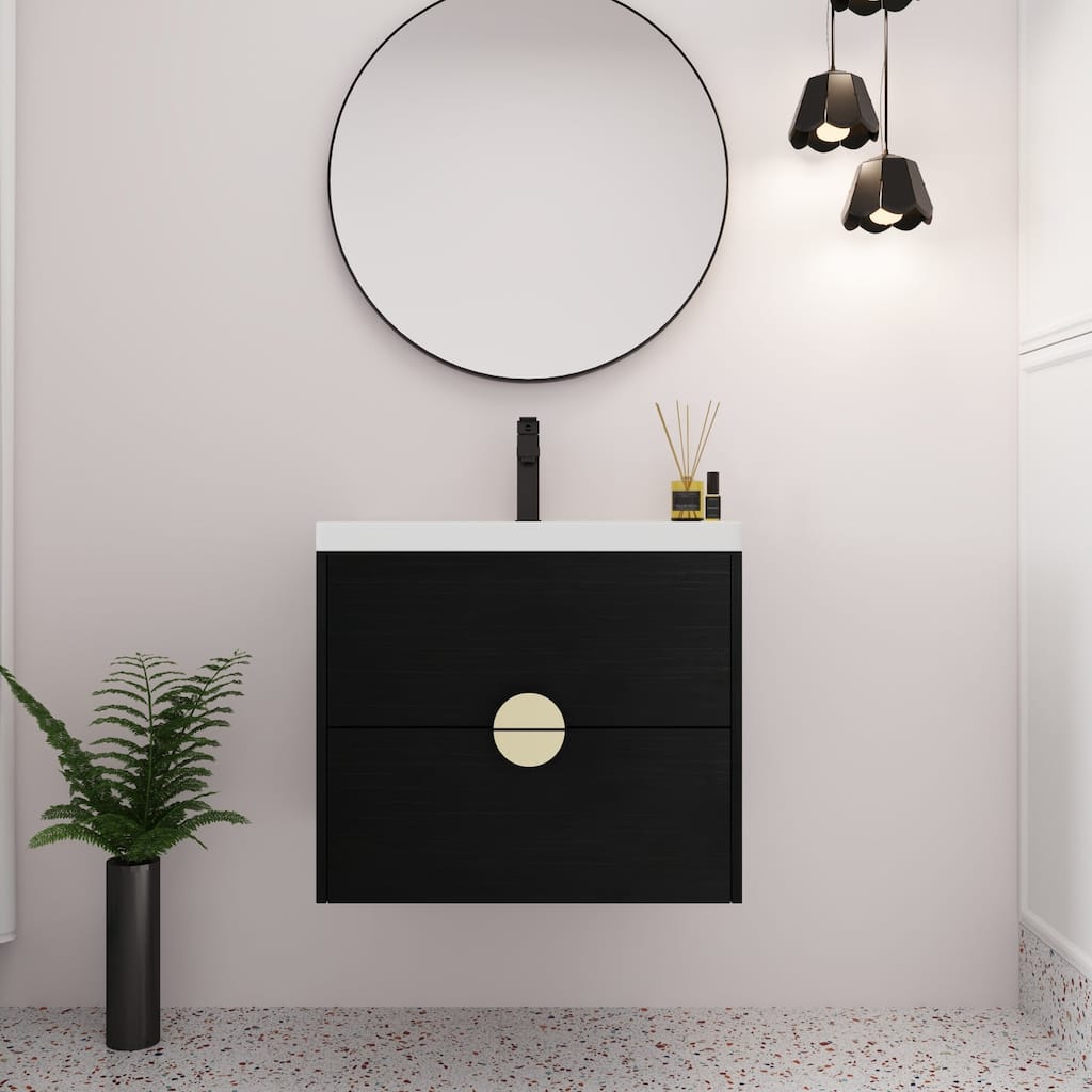 24 inch Wall-Mounted Bathroom Vanity Set in Black with Integrated Ceramic Sink