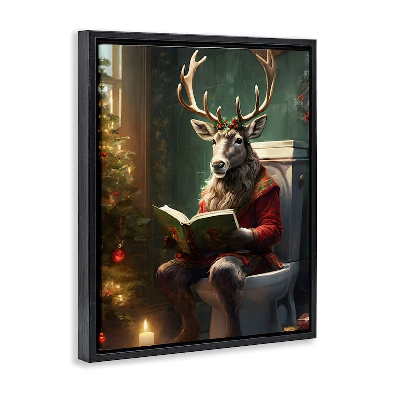 Stupell Reindeer in Festive Bathroom Framed Floater Canvas Wall Art Design By Jo Moulton