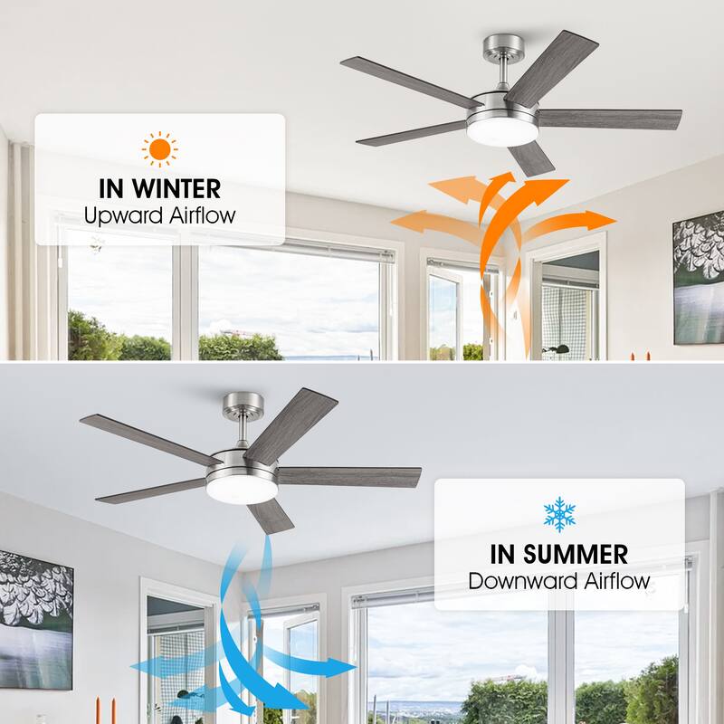 48" Modern Wood Reversible 5-blade Brushed Nickel LED Ceiling Fan with Remote