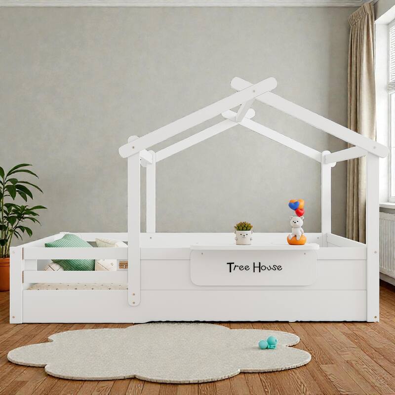 Kids House Floor Bed with Guardrails and Roof, Built-in Tray and Signboard, Montessori Floor Bed for Toddlers - White - Full