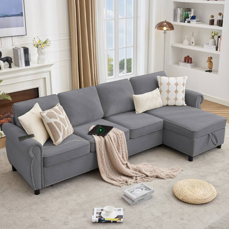 106.5" L-Shaped Flannelette Sectional Sofa with Pull-Out Bed