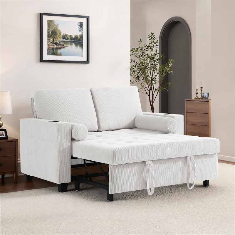 3-in-1 Corduroy Sleeper Sofa Pull-Out Bed Convertible Adjustable Loveseat with USB Port - Sofa - Beige