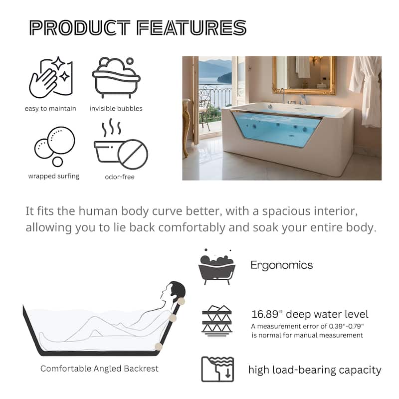 67" Whirlpool Bathtub, Hydrotherapy Jetted Bathtub with Glass Panel