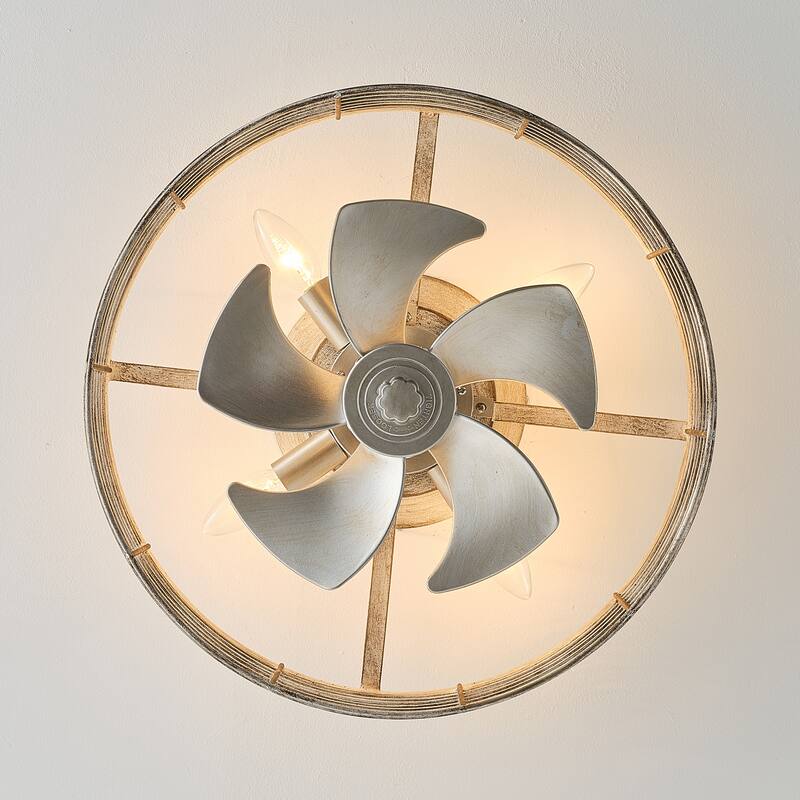 18" Antique White Caged 4-Light Low-Profile Flush Mount Ceiling Fan with Remote