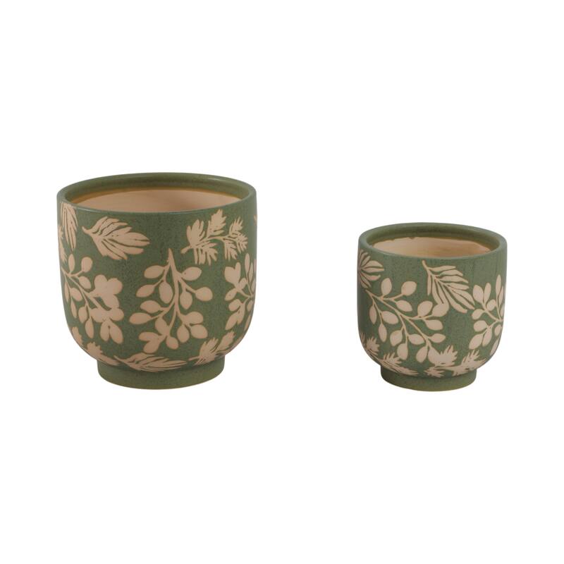 Ceramic Planter with Hand Painted Leaves Design - Set of 2, 6", 8" - 8.0"