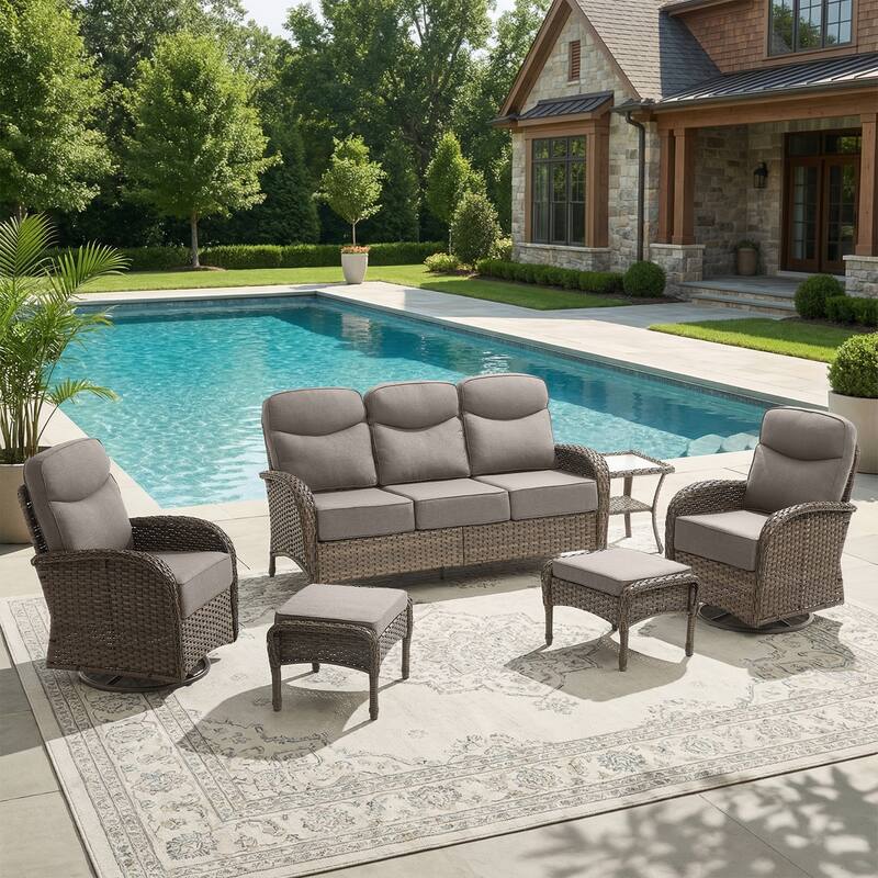 Pocassy Outdoor Wicker Patio Sofa with Swivel Chair and Ottomans - Brown Wicker Gray Cushion - 6-Piece Sofa Swivel Chiar with Ottoman