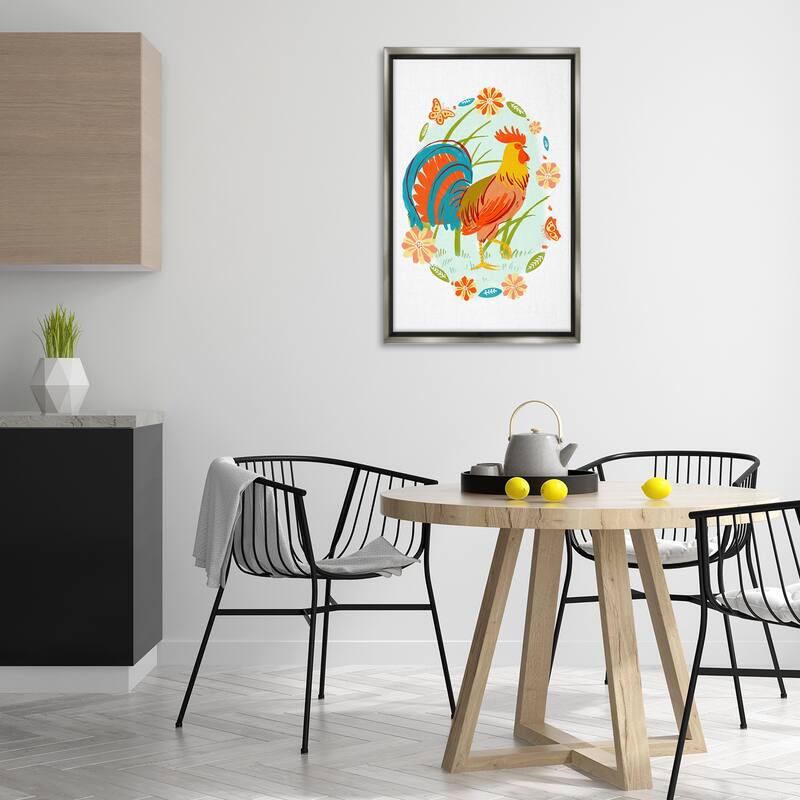 Stupell Rooster with Butterflies Border Framed Floater Canvas Wall Art Design By Hannah Moren