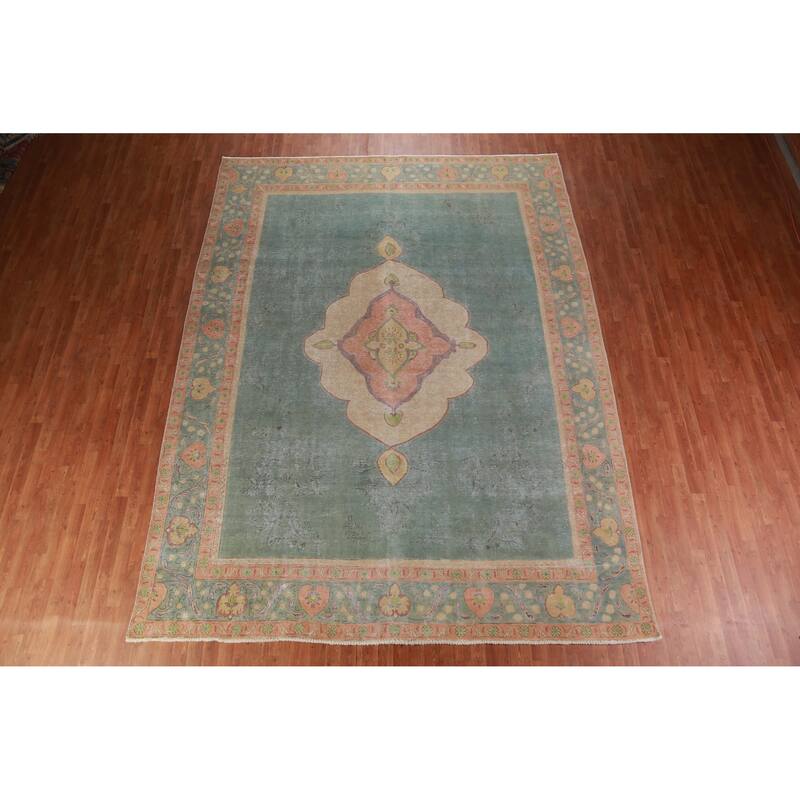 Blue Tabriz Persian Vintage Rug Oriental Handmade Wool Carpet - 9'8" x 12'9"