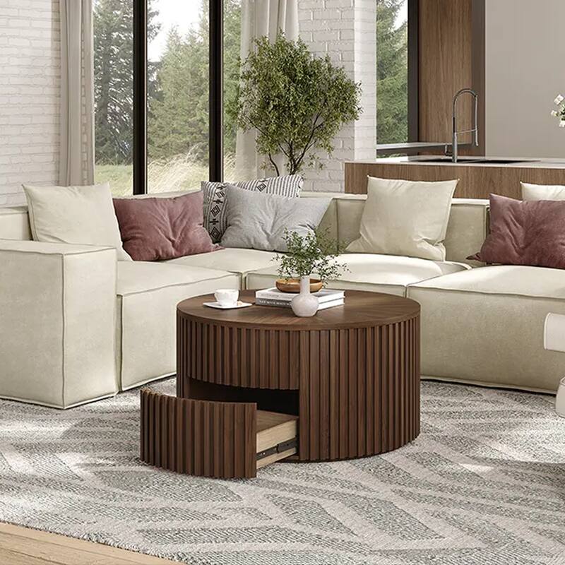 31.5'' Lifting Top Round Coffee Table, Wood Coffee Table, Mid-century Modern Walnut Color Coffee Table, Not Assembled Need - Brown