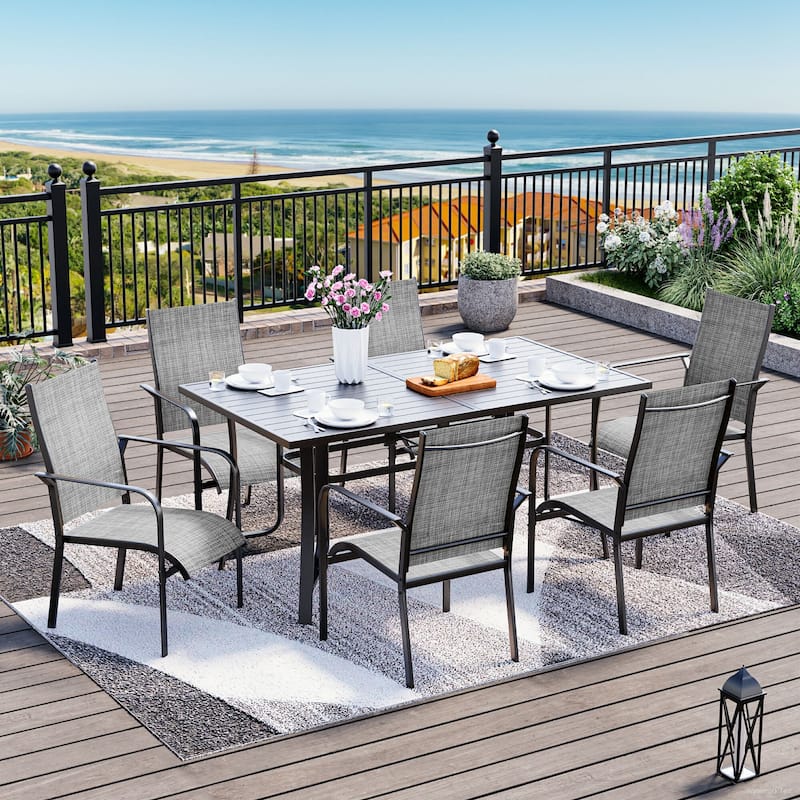 5/7/9-Piece Outdoor Patio Dining Set with Stackable Textilene Chairs and Slatted Table, Furniture with Adjustable Umbrella Hole - 7 Piece - Grey