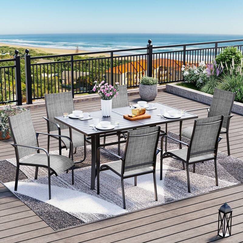 Patio Dining Set, Outdoor Dining Table and Chairs Set with Textilene Chairs, Adjustable Umbrella Hole for Garden, Backyard - 7 Piece - Grey