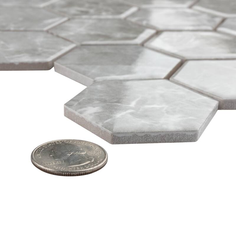 Merola Tile Flo 2" Hex Grey 11-1/8" x 12-5/8" Porcelain Mosaic Floor and Wall Tile