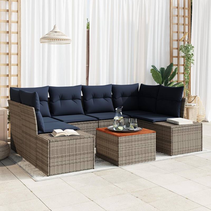 vidaXL 7 Garden Sofa Set with Cushions Black/Grey Poly Rattan - 92.1 x 60.6 x 27.2 - Grey