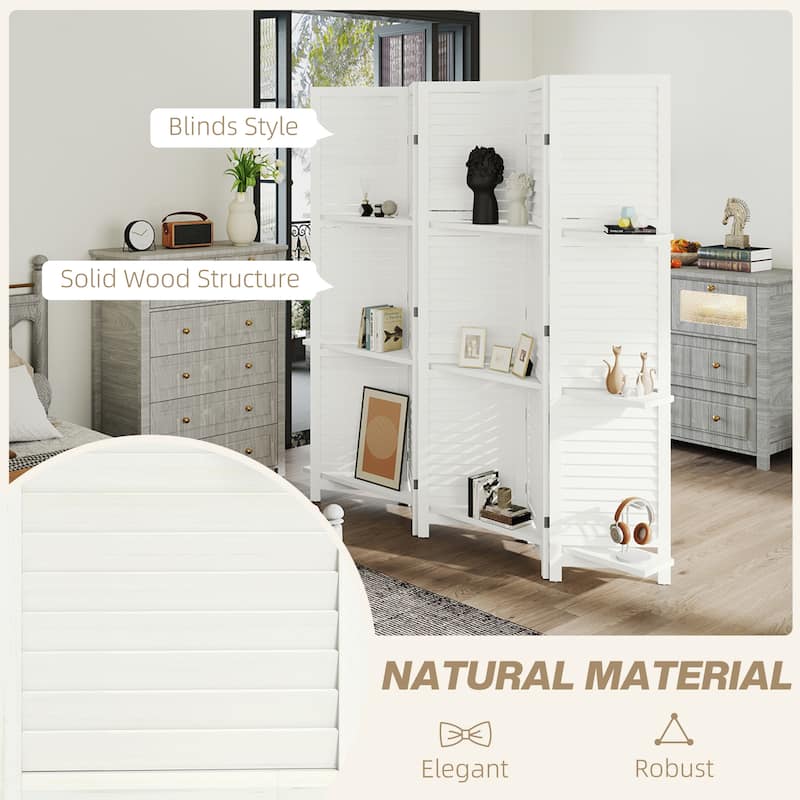 HOMCOM 5 Panel 67" Tall Wood Room Divider, Privacy Screen with 3 Display Shelves, and Folding Storage for Bedroom or Home Office