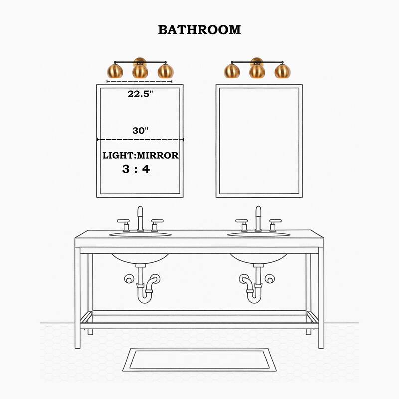 Marden Modern Black Gold 3-Light Bathroom Vanity Lights Vintage Metal Globe Wall Sconces - 22.5" L x 7" W x 8" H