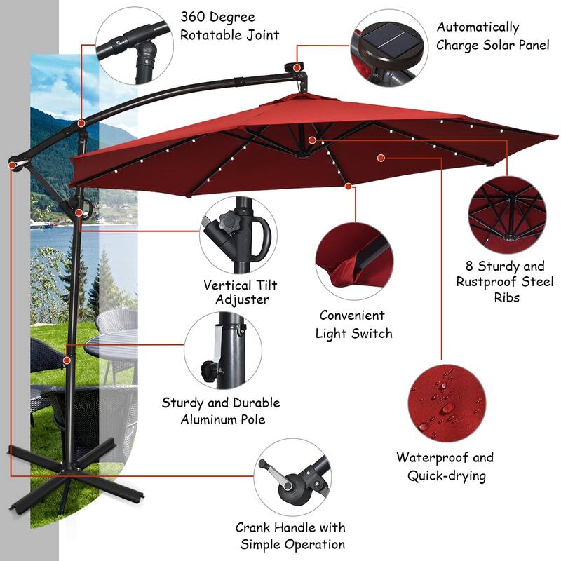 Costway 10FT Patio Offset Umbrella Solar Powered LED 360degrees