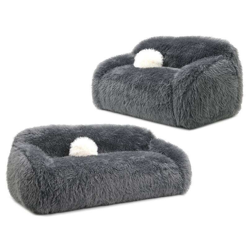 Furniture of America Cynra Modern 2-Piece Faux Fur Sofa Set with Ball Pillows