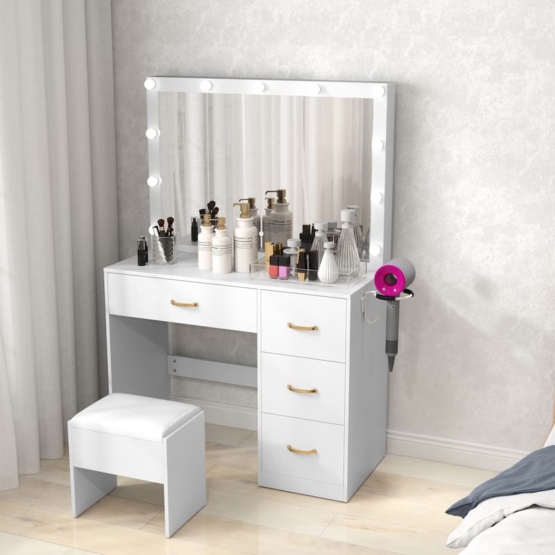 Vanity Desk Makeup Table Light Strip Mirror Dressing - 35.4"L x 15.7"W x 53.5"H - White light bulb