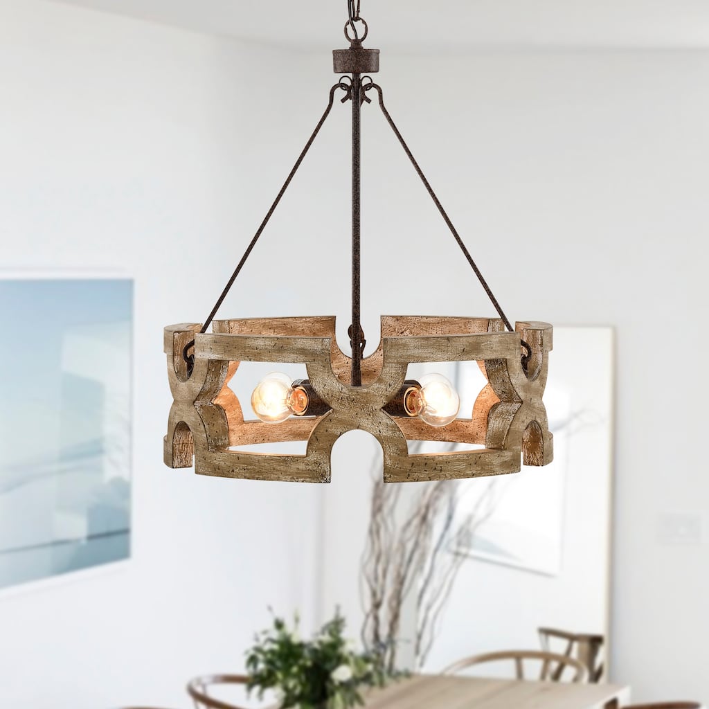 Aarti Rustic Farmhouse 4 Light Wood Grain Paint Chandelier Pendant 19 Inch.