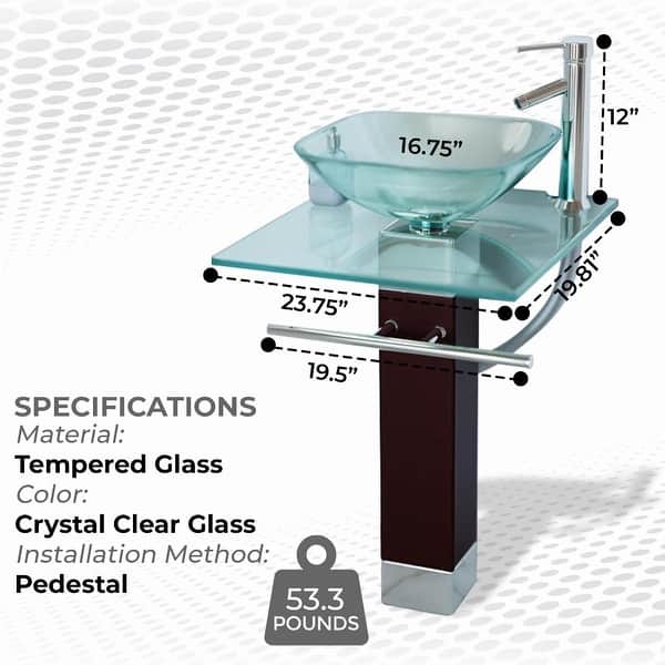 dimension image slide 1 of 2, Bohemia Glass Pedestal Sink 23.6 Inch with Chrome Faucet and Towel Bar Renovators Supply