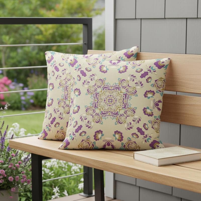 HomeRoots Set of Two 16" X 16" Beige and Purple Blown Seam Floral Indoor Outdoor Throw Pillow - 16.00' X '16.00' X '5.00 - Beige/Purple - 16.00' X '16.00' X '5.00