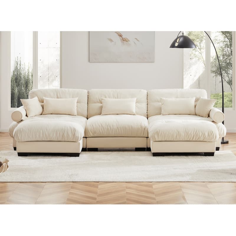 Modern Reversible 3-Seat Modular Sectional Corner Sofa Couch with Waist Pillows - Cream