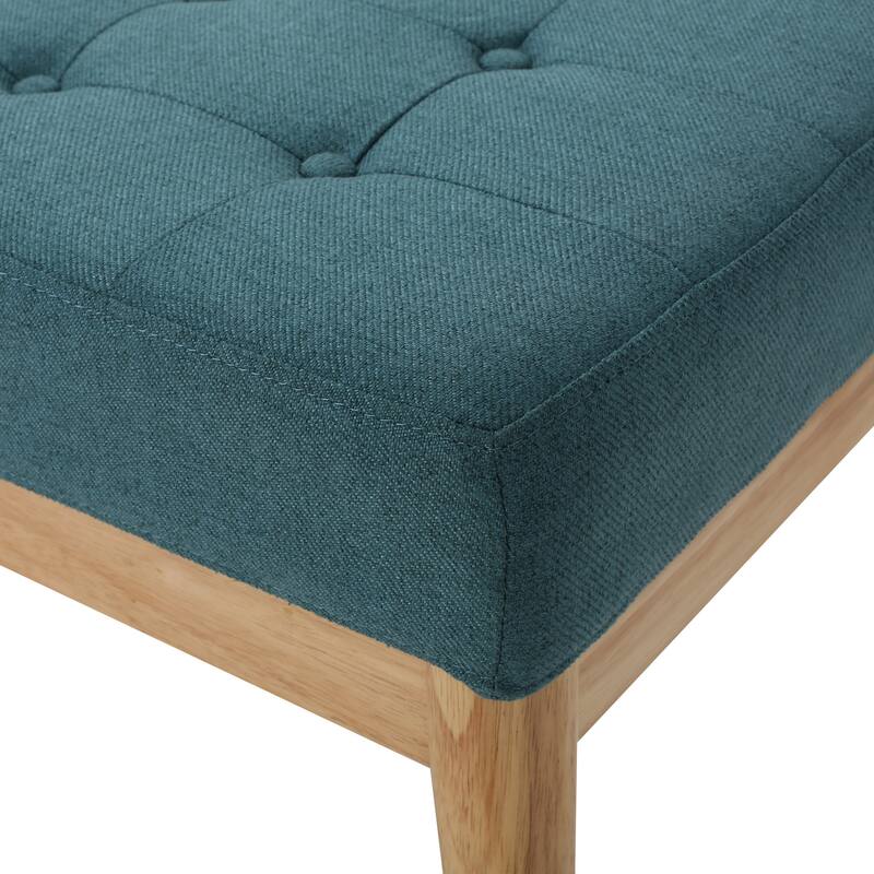 Gisa Ottoman Bench, Teal Blue Fabric Tufted Seat, 44 Inch Brown Wood