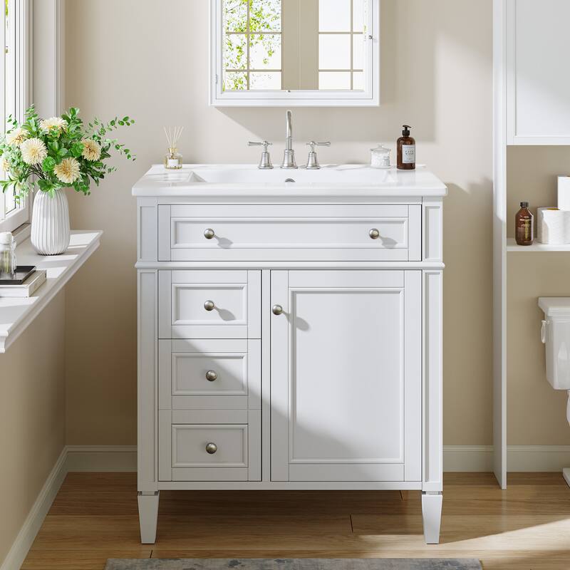 36" Bathroom Vanity with Sink, Modern Bathroom Sink Cabinet with 4 Drawers & 2 Doors, Solid Wood Frame