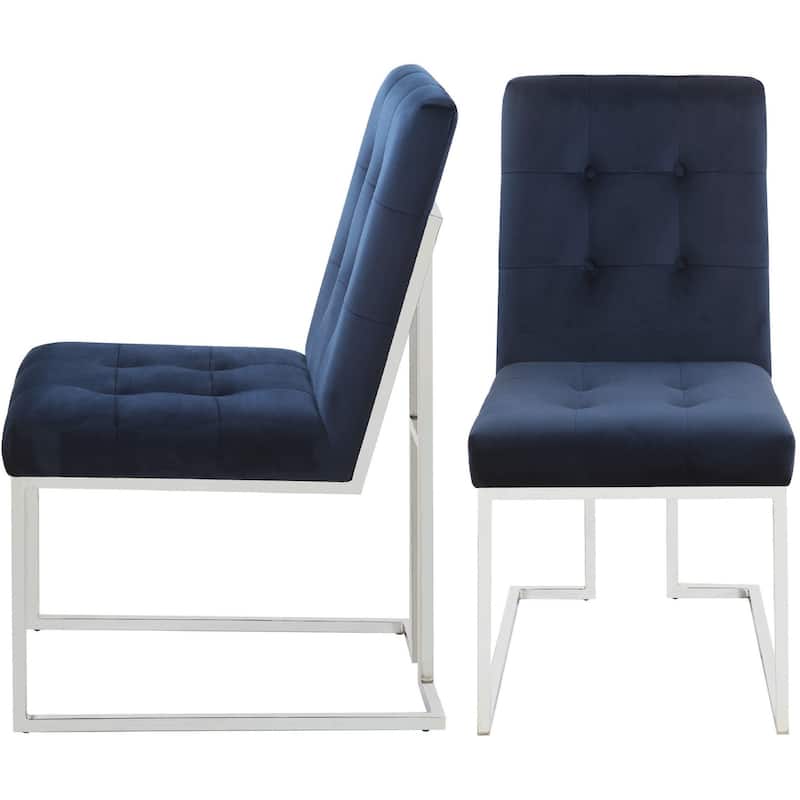 Modern Chrome Artistic Floating Design Tufted Dark Blue Dining Chairs (Set of 2)