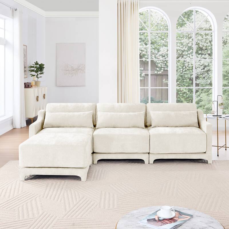 Three-seater Chenille sofa, Two movable ottomans,High-quality wood base, high-resilience sponge, easy install