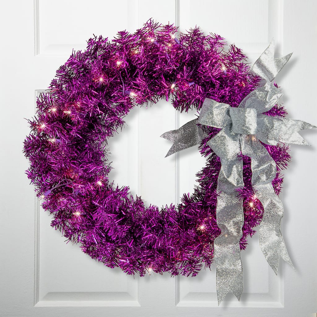 Pre-Lit Tinsel Artificial Christmas Wreath - 24" - Purple - Clear Lights