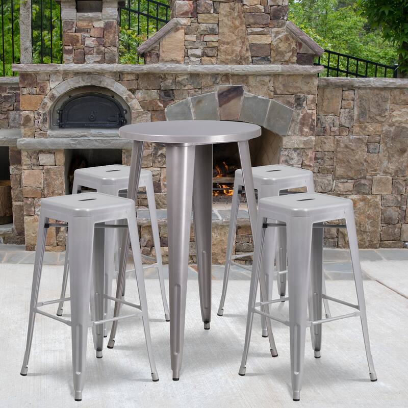 24'' Round Metal Indoor-Outdoor Bar Table Set with 4 Square Seat Backless Stools - Silver