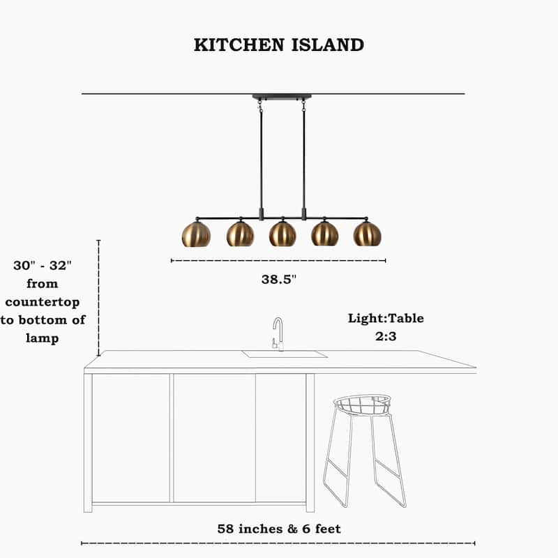 Modern Black Gold 5-Light Linear Chandelier Kitchen island Pendant Lights with Metal Shades - L38.5" x W5.5" x H7.5"
